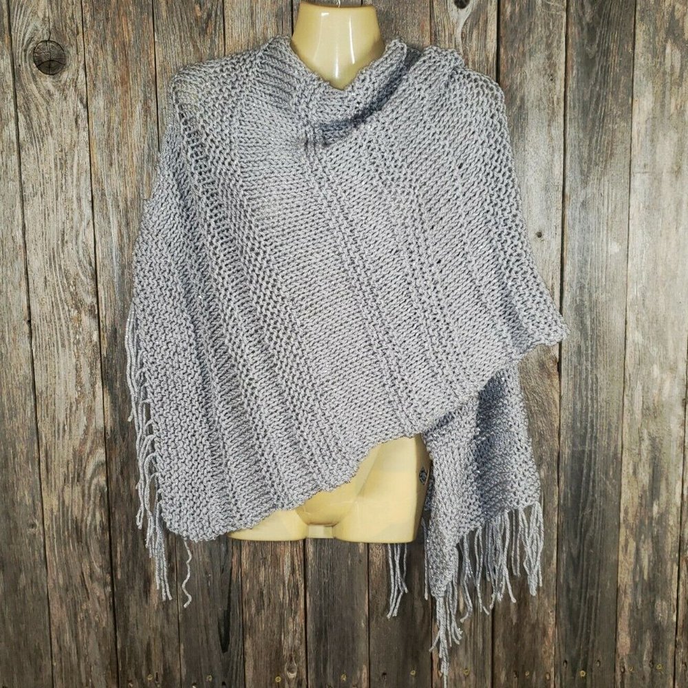 NEW Gray Metallic Silver Hand Knitted Shawl Scarf Wrap Boho Hippie Handmade Gift